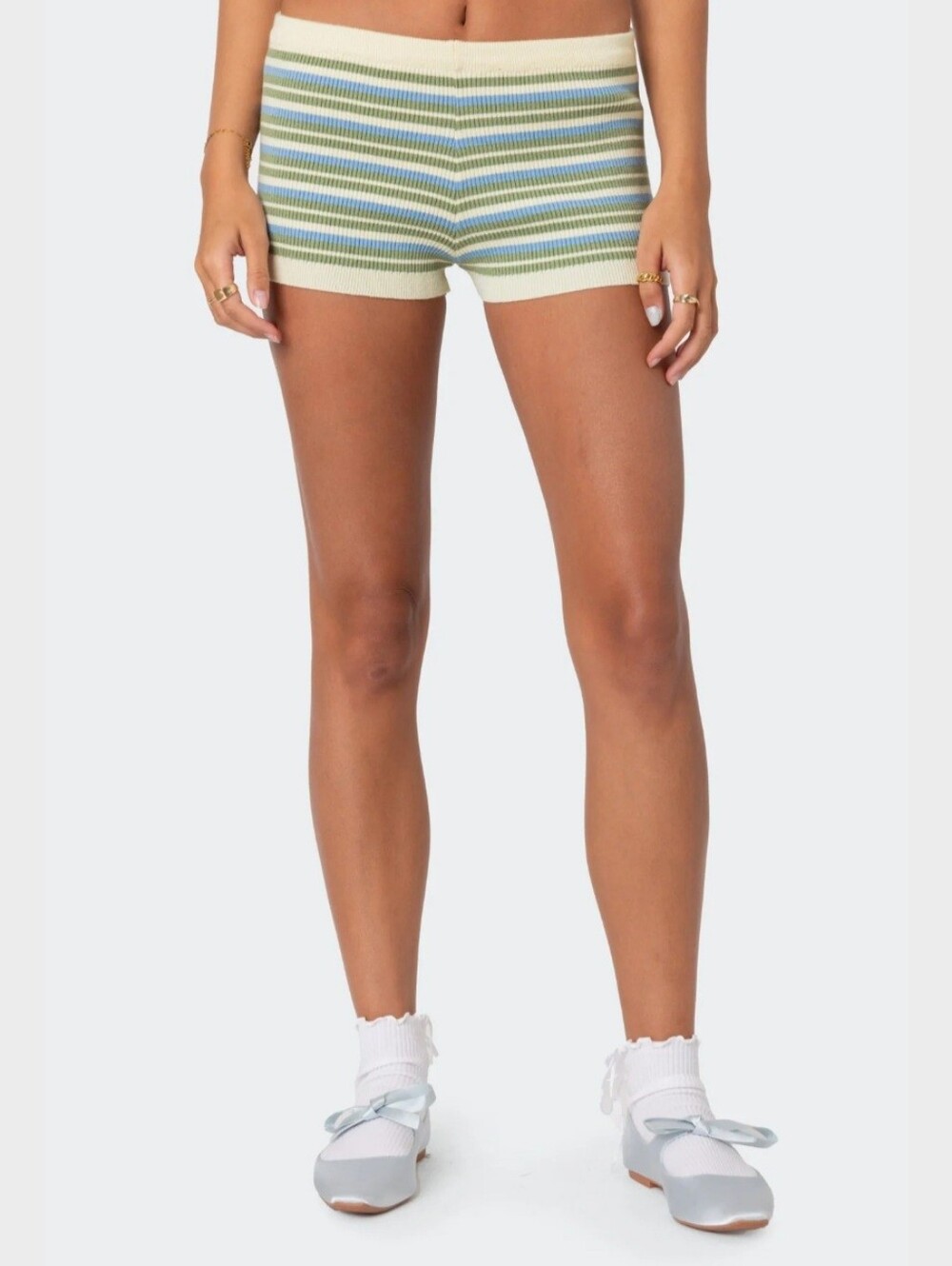 Edikted Striped Knit Shorts in Cream, Green & Blue SZ XS NWT